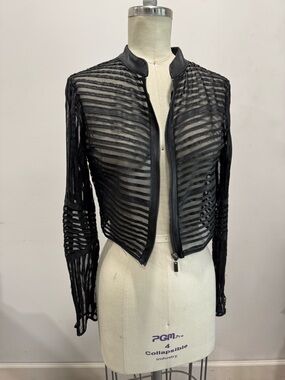 Charlotte Russe Black Sheer Striped Zip-Front Jacket